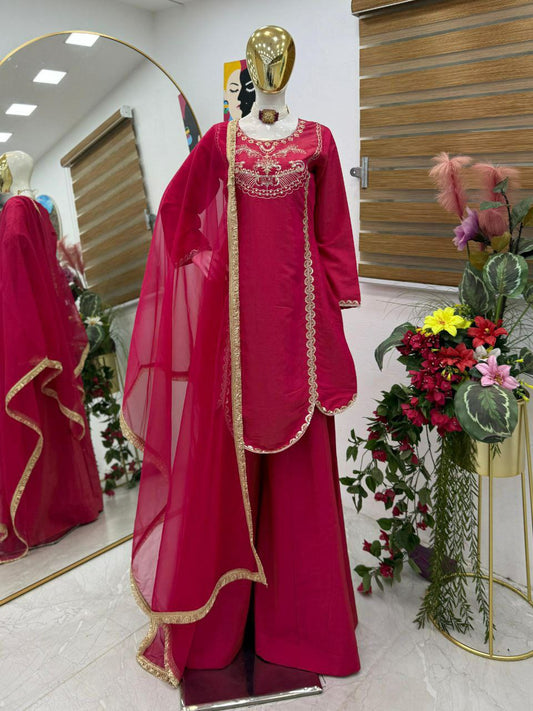 Roman Simar Silk And Sequence Embroidery Work With Round Neck Type Sharara Dress
