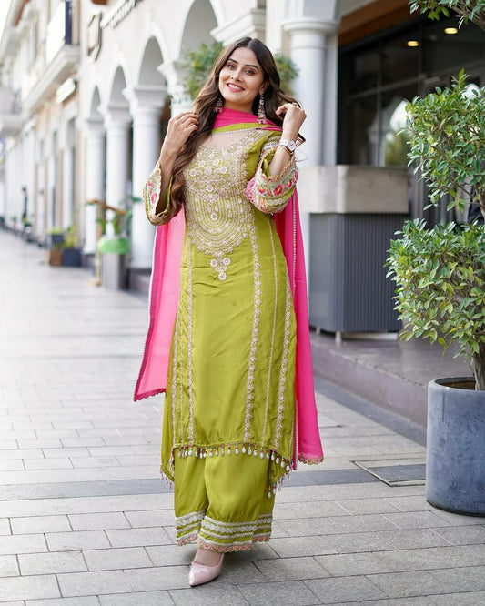 HEAVY VICHITRA SILK AND EMBROIDERY SEQUENCES WORK WITH REAL MIRROR WORK PALAZZO DRESS