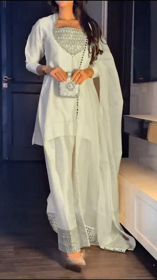 Chinon Silk With Micro Inner And Thread With Sequence With Elastic Palazzo & Top