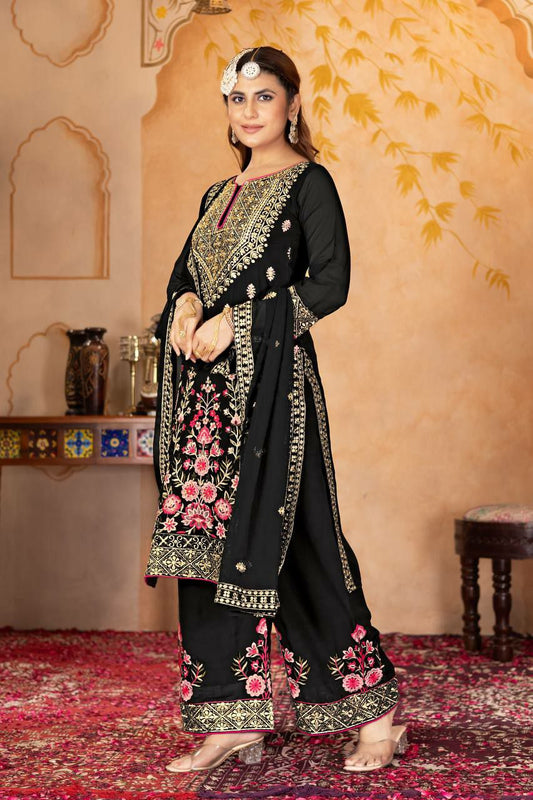HEAVY FUAX GEORGEET AND EMBROIDERY SEQUENCES WORK WITH REAL MIRROR HAND WORK PALAZZO DRESS