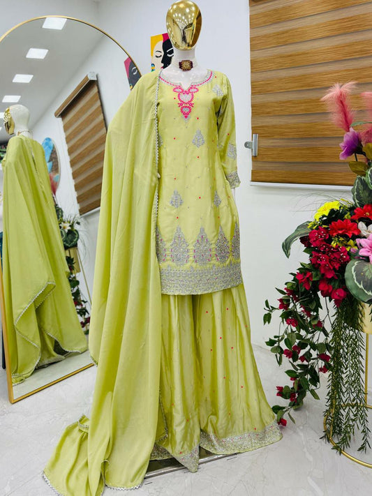 Chinon Silk And Embroidery Siquence Work With Round Neck Type Top & Palazzo Dress