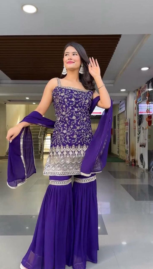 Faux Georgette And Thread With Sequence With Four Side Lace Border With Elastic Sharara Dress