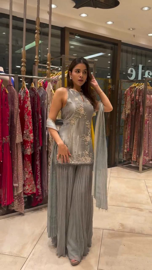 Pure Natural Crepe Silk With Fancy Embroidery And Sequins Worked With Hanging Latkan Lace With Elastic Palazzo Dress