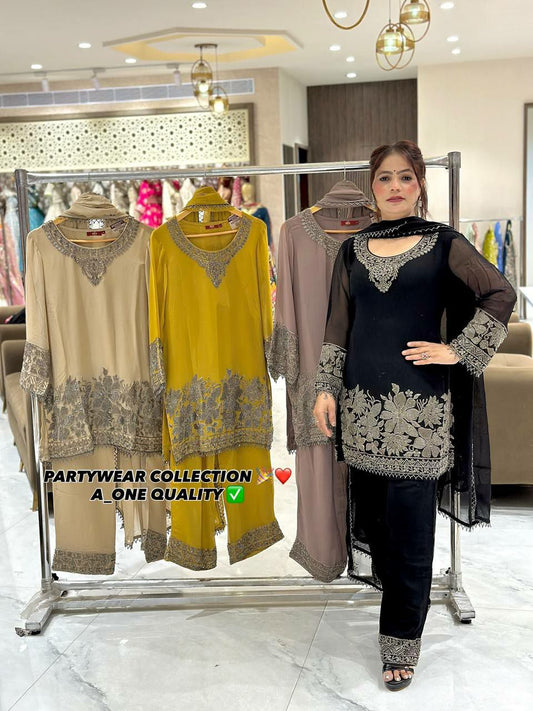 Faux Georgette With Heavy Embroidery Sequence Work With Heavy Lace Border Top & Bottom Dress