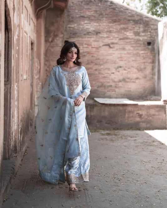 PURE CHINON SILK WITH ATTRACTIVE & BEUTYFUL EMBROIDERY SEQUENCE WORK AND READY MADE LACE BORDER KURTI PALAZZO DRESS