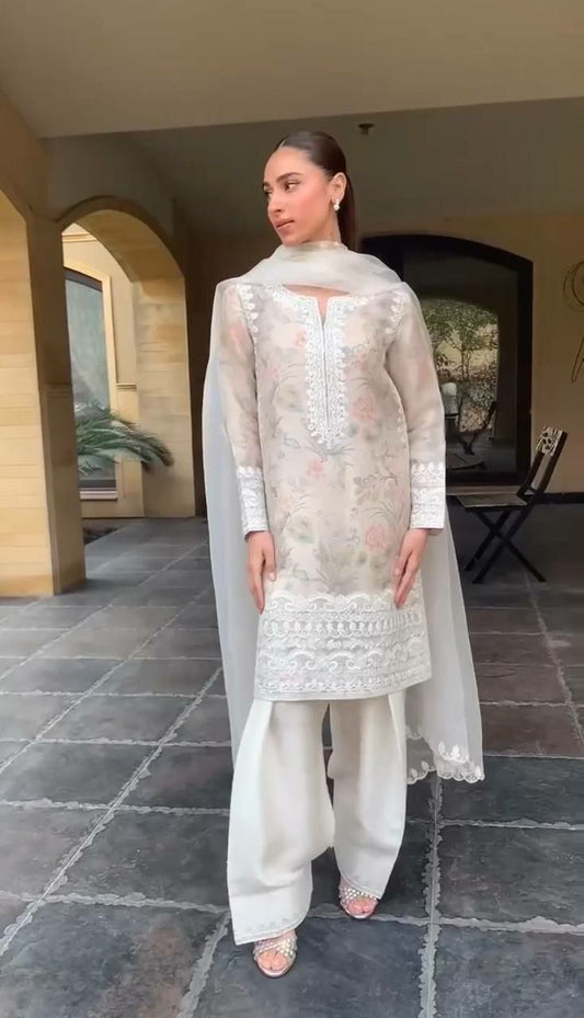 Pure Organza Silk With Embroidery Thread Work And Print Full Sleeve With Elastic Farshi Palazzo Dress