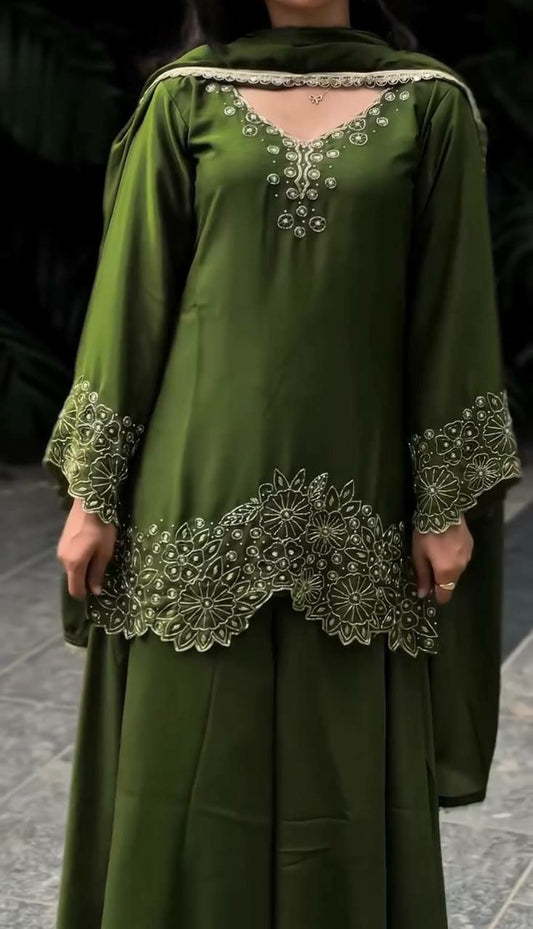 Heavy Faux Georgette And Embroidery Sequence Work With Beads Work With Lace Border Sharara Dress