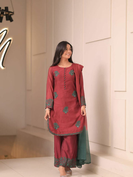 Pure French Crepe Silk With Heavy Micro Cotton And Embroidery Sequence Work With Elastic Palazzo Dress