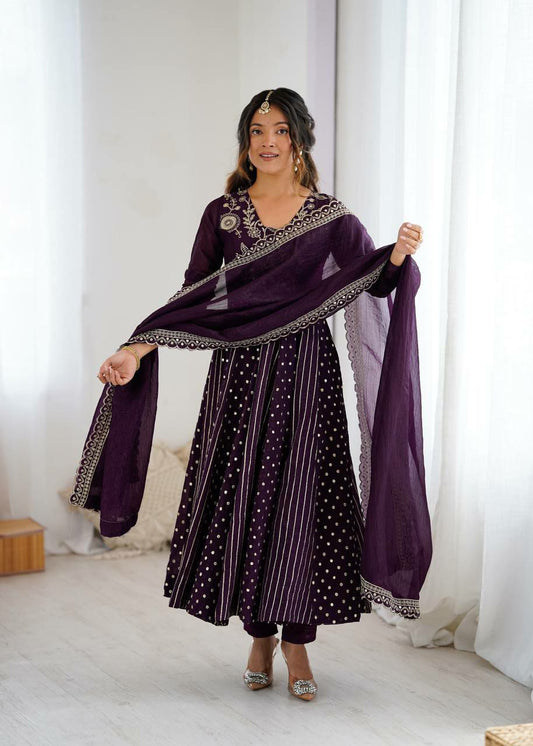 Crunchy Silk With Heavy Micro Cotton With Fully Flair And Embroidery Sequence Work Anarkali Gown
