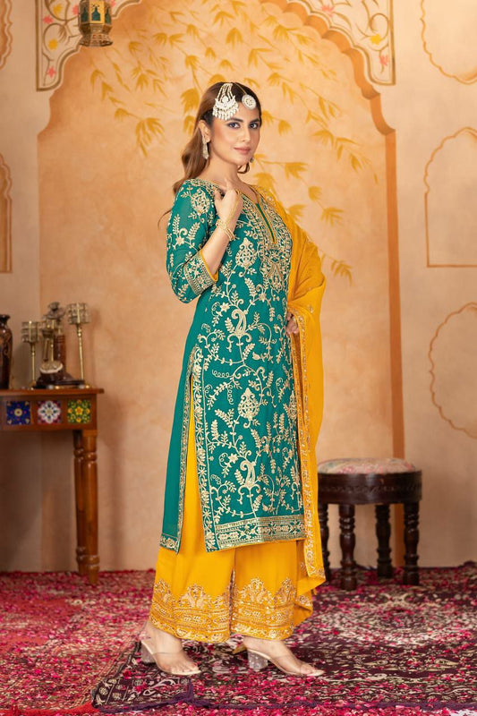 HEAVY FUAX GEORGETTE AND MICRO COTTON WITH EMBROIDERY SEQUINS WORK LESS BODAR PALAZZO DRESS