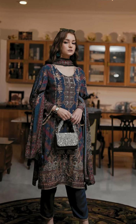 HEAVY TABBY SATIN AND FANCY DIGITAL PRINT WITH FANCY LESS BODAR PALAZZO DRESS