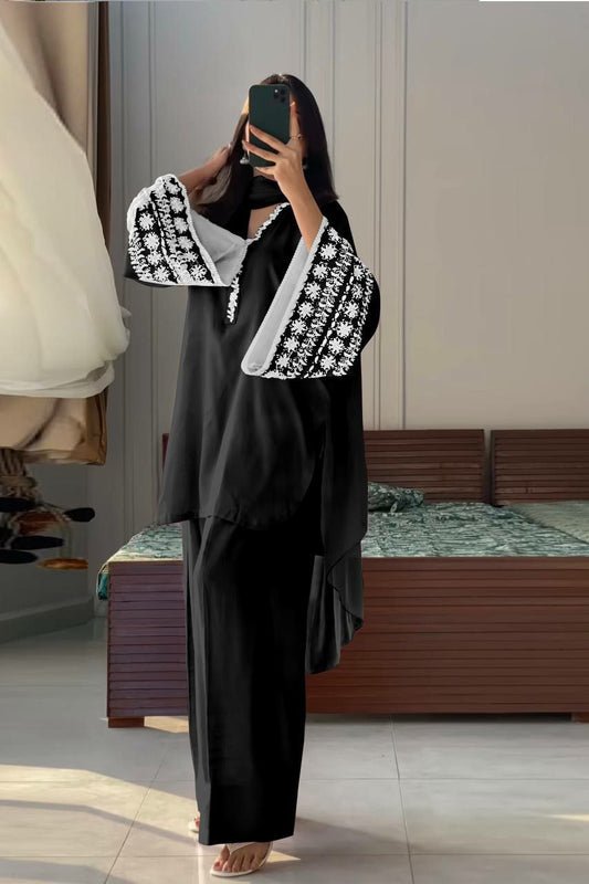 Natural Satin And Embroidery Work With Elastic With Can-Vas Patto And Lace Border Palazzo Dress