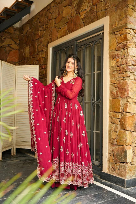 Heavy Faux Georgette With Full Heavy Embroidery Sequence Work With Elastic And Lace Border Bottom Gown