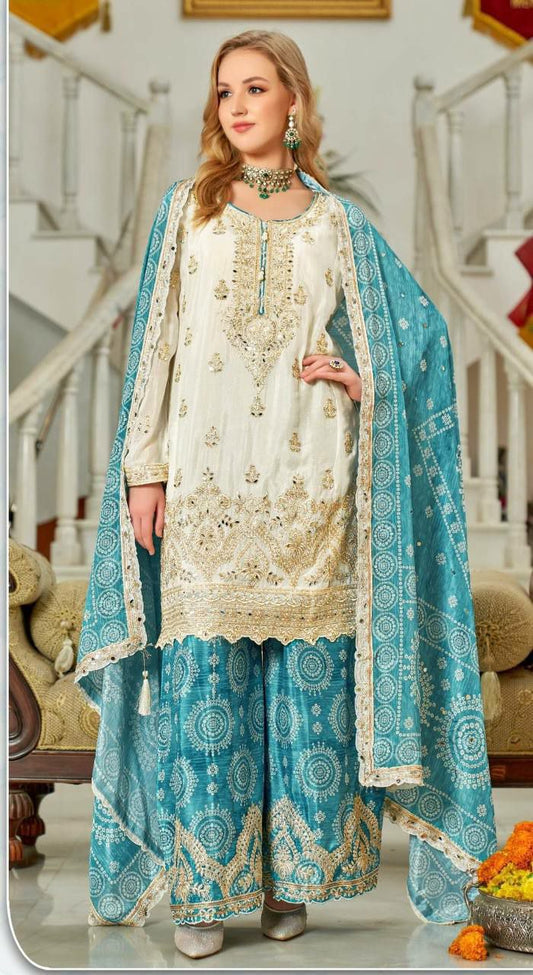 HEAVY CHINON AND HEAVY EMBROIDERED SEQUENCE CODING WORK WITH REAL MIRROR HAND WORK WITH DIGITAL PRINT SHARARA DRESS