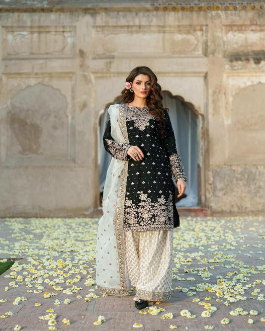 Pure Chinon Silk With Heavy Embroidery And Sequin Work With Riveted Moti Work With Lace Border Palazzo Dress