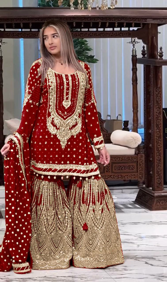 Heavy Faux Georgette With Embroidery Sequence Work And Fancy Latkan Border With Four Side Readymade Lace Border Dupatta Type Palazzo Dress