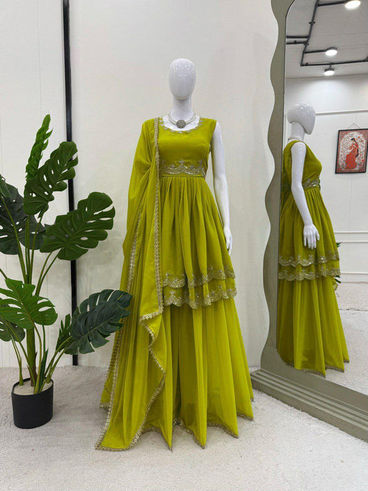 Faux Georgette And Thread With Sequence With Elastic And Four Side Lace Border Top & Palazzo