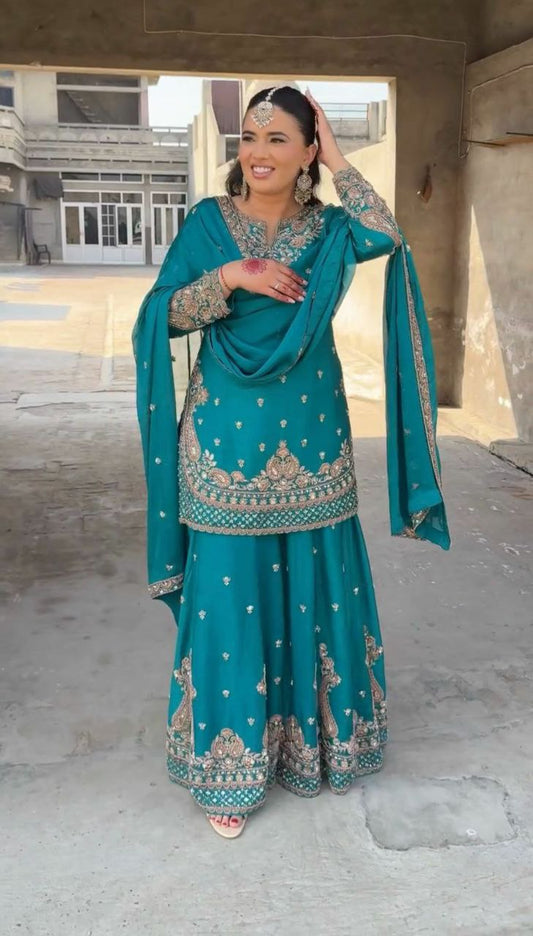 HAVY CHINON SILK WITH HAVY EMBROIDERY WORK AND FOUR SAID LACE WORK TOP & BOTTAM DRESS
