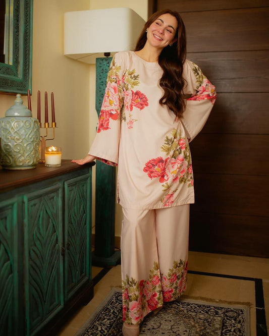 Pure Natural Crepe And Digital Print With Sleeves With Elastic Palazzo Dress