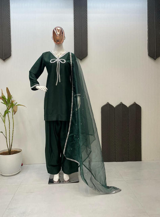 FRENCH CREAPE WITH BEADS WORK AND ORGANZA WITH MOTI WORK AND LACE WORK DUPATTA SALWAAR SUIT