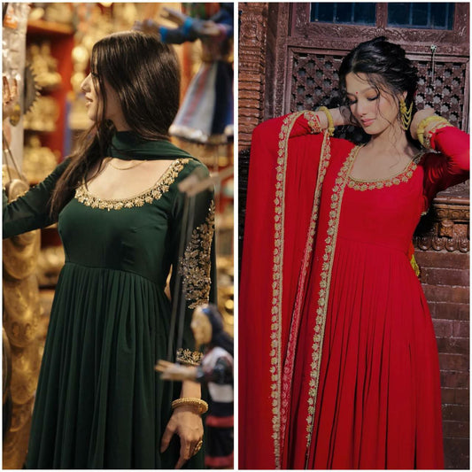 Heavy Faux Georgette With Embroidery Work And Full Fancy Neck With Elastic Palazzo Gown