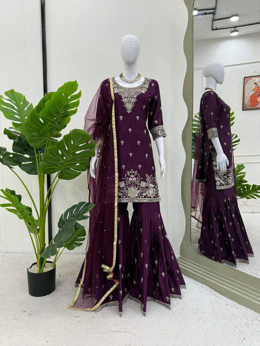 Heavy Cinnon With Inner And Thread & Sequence Work With Pearl Work With Fancy Lace Dupatta Type Sharara Suit