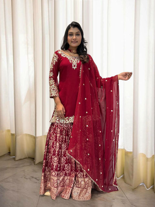 Heavy Faux Georgette With Heavy Embroidery And Sequence Work With Ready Made Lace Border Sharara Suit