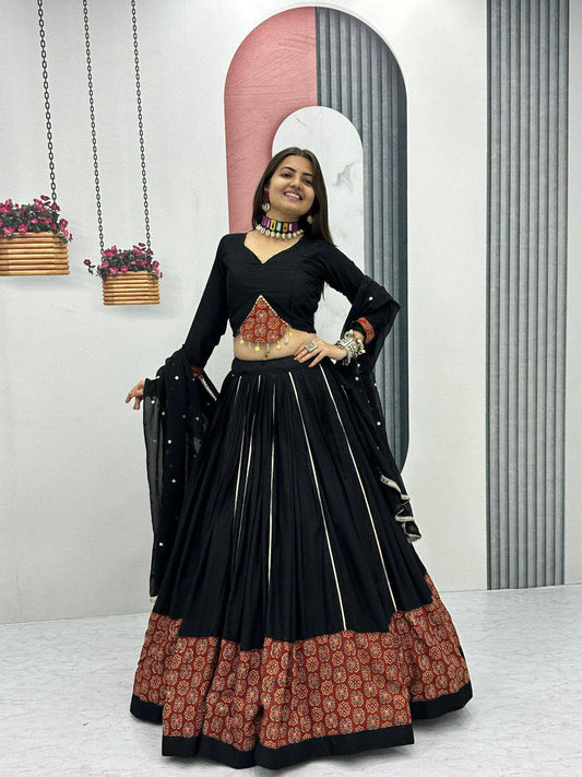 Pure Cotton With Ajarakh Print And Ribbon Work & Canvas Patta Lehenga Choli