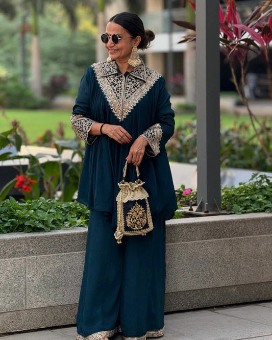 Heavy Chinon With Embroidery Sequence Work Type Palazzo Suit