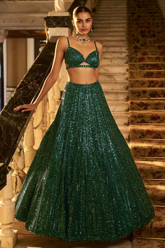 Net With Rainbow Sequins & Dori Work With Can Can Attach Lehenga Choli