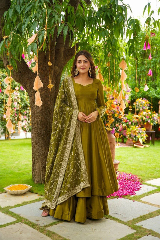 German Chiffon And Heavy Embroidery Sequence Work With Fully Flair Palazzo Gown