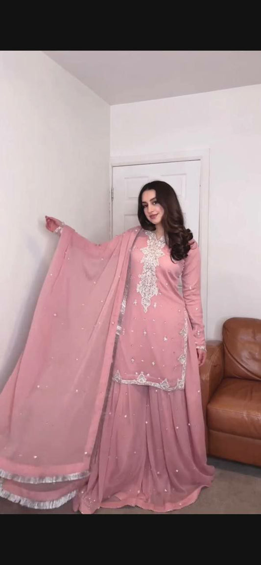 HEAVY FAUX GEORGETTE WITH ATTRACTIVE & BEUTYFUL EMBROIDERY SEQUENCE WORK KURTI PALAZZO DRESS