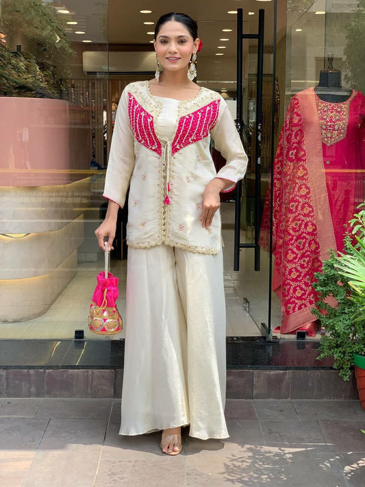 Roman Silk With Embroidery Coding Sequence Work With Bead Type Suit