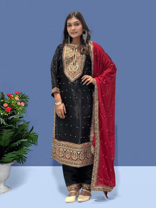 Heavy Frendy Silk With Fancy Embroidery Coding Dori-Sequence Worked And Riveted Moti Work Dress