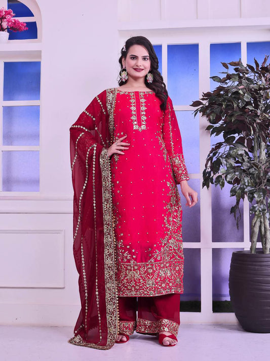 Heavy Frendy Silk & Heavy Faux Georgette With Beautiful Embroidery And Sequence Work With Riveted Moti Work Palazzo Dress