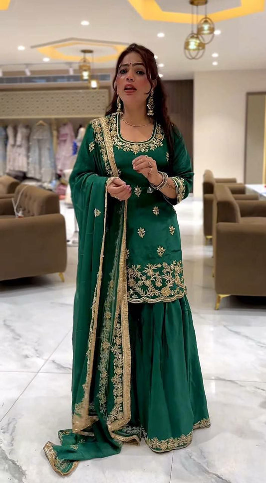Natural Crepe Material And Sequence Embroidery Work With Fancy Lees Work Sharara Palazzo Dress