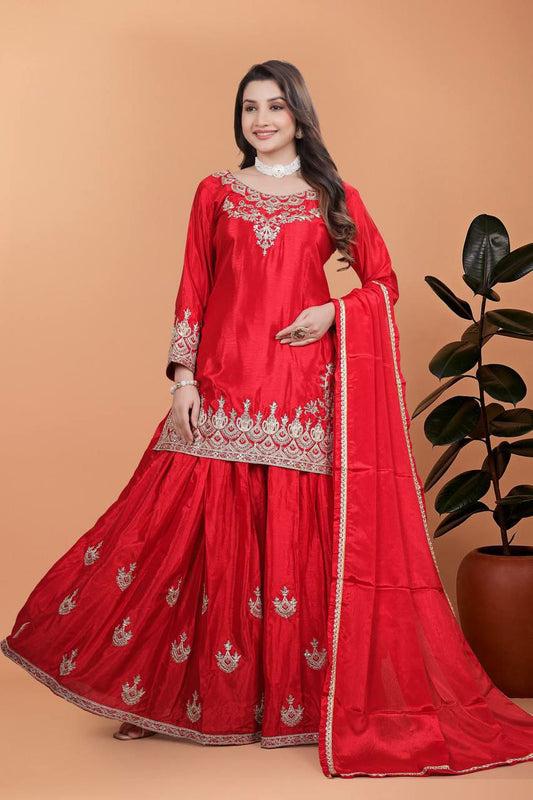 PURE CHINON SILK WITH ATTRACTIVE & BEUTYFUL EMBROIDERY CODING AND SEQUENCE WORK PALAZZO KURTI