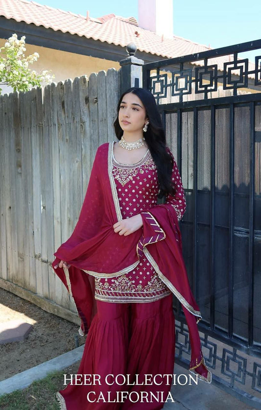 Natural Crepe With Micro Silk And Embroidery Siquence Work With Less Work Sharara Dress