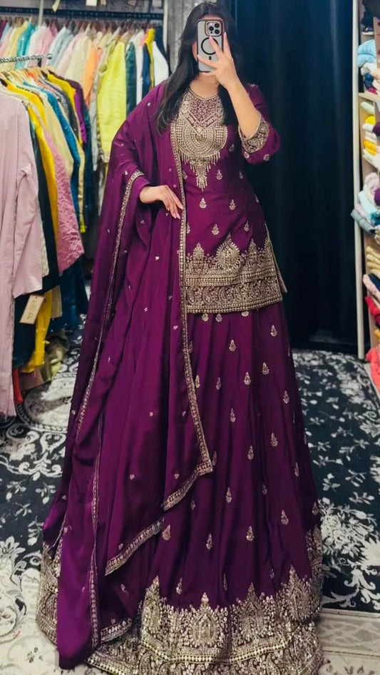Chinon Silk And Embroidery Siquence Work With Round Neck Type Lehenga