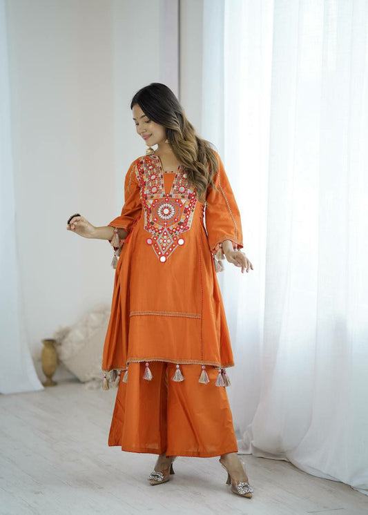 Pure Khadi Cotton With Embroidery Sequence Work & Mirror Work With Pocket Palazzo Suit