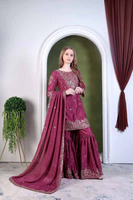 Pure Chinon Silk With Heavy Micro Cotton And Heavy Embroidery And Sequence Work With Lace Border Sharara Dress