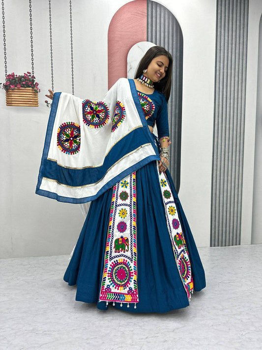 Pure Cotton With Heavy Gamathi Work With Side Lace Border Dupatta Type Lehenga Choli