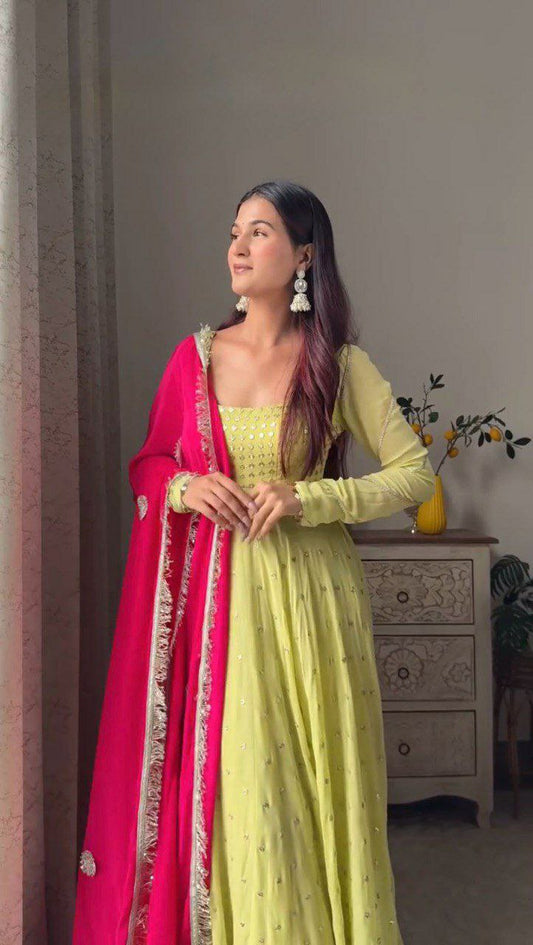 Faux Georgette & Thread With Full Stich Elastic Pent And Four Side Lace Border Gown