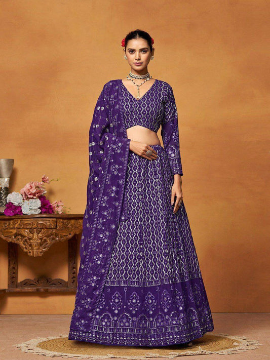 Faux Georgette With Thread ,Sequence Embroidery Work With Canvas And Can Can Layered Net Lehenga Choli