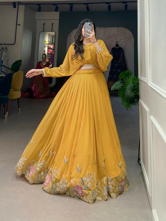 Georgette With Sequins Butties And Thread Embroidery Work With Lace Border With Can Can Lehenga Choli