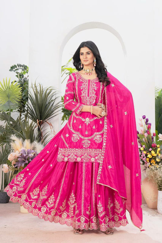 Pure Heavy Chinon Silk With Heavy Embroidery Coding Sequence Work And Four Side Lace Border Palazzo Dress
