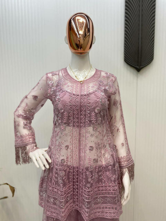 BUTTERFLY NET WITH SEQUENCE EMBROIDERY WORK ON FRONT AND BACK BOTH SIDES TOP & PALAZZO
