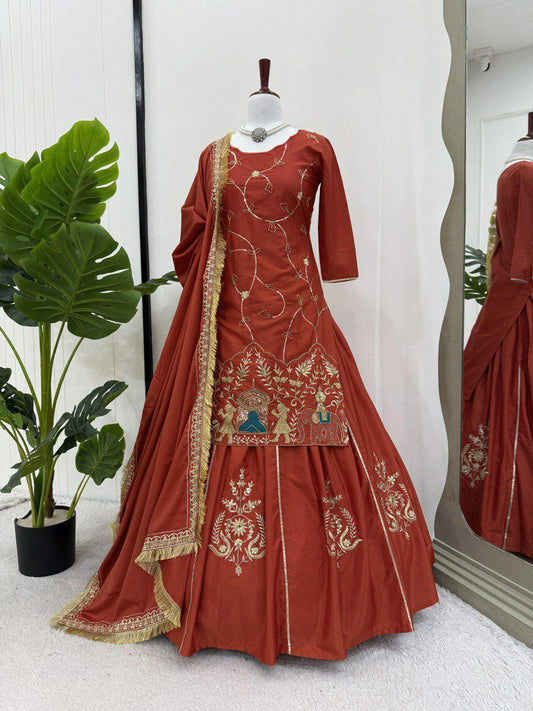 Natural Crepe Silk With Beads And Thread With Sequence Work With Four Side Lace Border Top & Lehenga