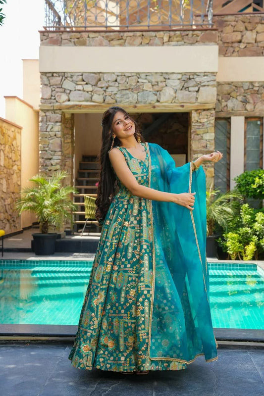 Pure Jimmy Organza Silk And Digital Printed Padded Gown With Designer Lace Dupatta Type Anarkali Gown