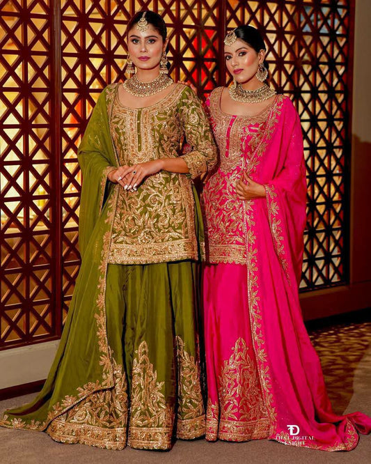 Heavy Chinon Silk With Print Codding Sequence Embroidery Work Dupatta Type Sharara Dress